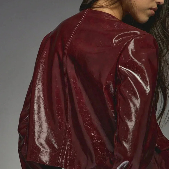 Burgundy Casual Women's Faux Leather Buttoned Round Neck Long Sleeves Jacket - Picture 4 of 6